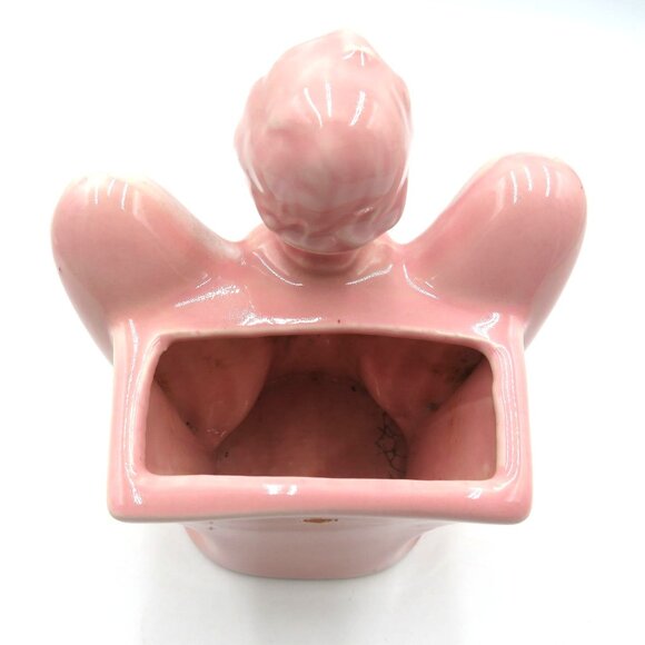 Vintage Wall Pocket Pink Ceramic Singing Angel Figurine 6" Planter Vase - Picture 6 of 10